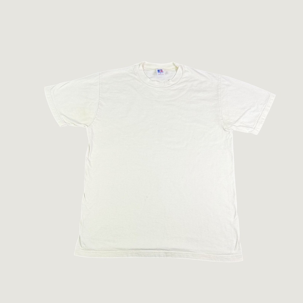 Vintage Russell Athletic Blank T-Shirt Mens Medium Cream Made in USA 90s Tee